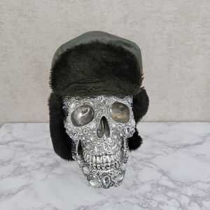 Military Vintage Green Leather Trapper Aviator Style Hat Faux Fur Lining